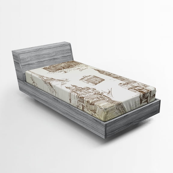 Ambesonne Hand Drawn Fitted Sheet, Travel over Europe, Twin XL Size, Brown Cream