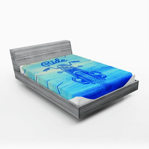 Ambesonne Hand Drawn Fitted Sheet, Vintage Motorcycle, Full Size, Sky Blue and Dark Blue