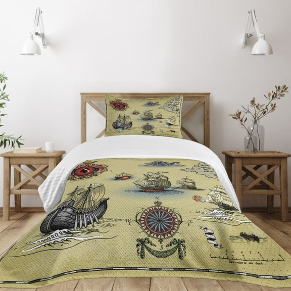 Ambesonne Hand Drawn Quilted Bedspread Set 2 Pcs, Antique Map Pirate, Twin Size, Beige Red Grey