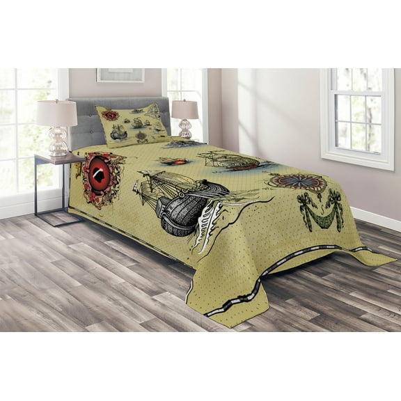 Ambesonne Hand Drawn Quilted Coverlet 2 Pcs, Antique Map Pirate, Twin Size, Beige Red Grey