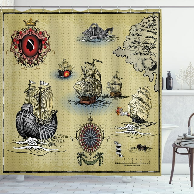 Ambesonne Hand Drawn Shower Curtain, Antique Map Pirate, 69"Wx75"L, Beige Red Grey