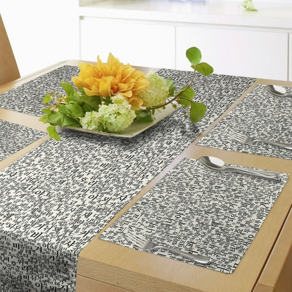 Ambesonne Hangul Korean Print Table Runner & Placemats, Alphabet, Placemat 4 pcs + Runner 12"x72", Ivory and Black