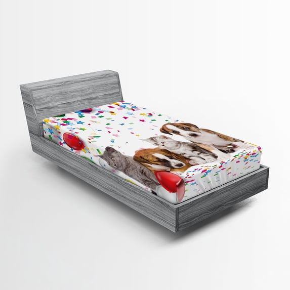 Ambesonne Happy Birthday Fitted Sheet, Cat and Dog Party, Twin Size, Multicolor