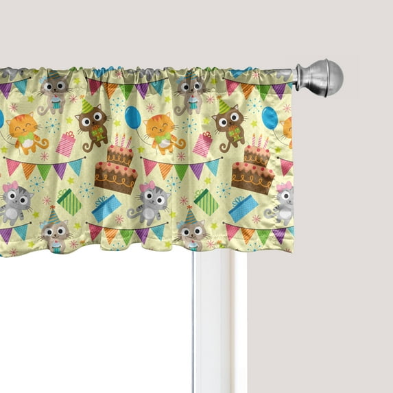 Ambesonne Happy Birthday Window Valance, Cartoon Party Cats, 42" x 12", Pale Yellow Multicolor