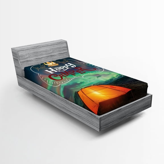 Ambesonne Happy Camper Fitted Sheet, Aurora Borealis Tent, Twin XL Size, Multicolor