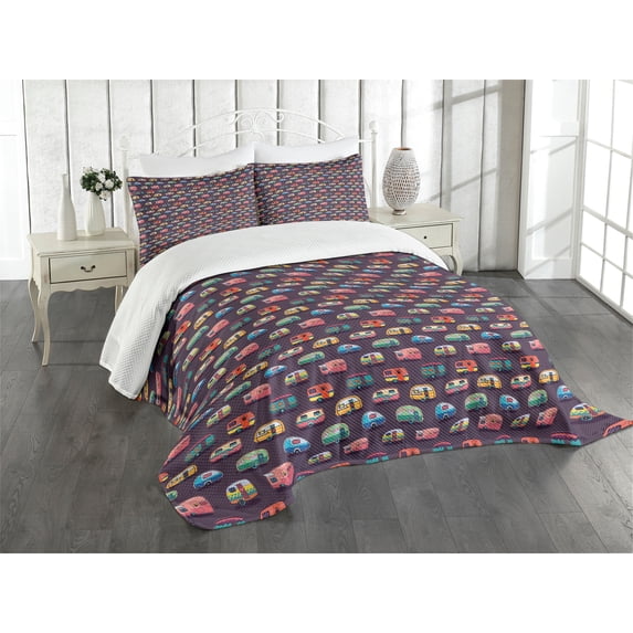 Ambesonne Happy Camper Quilted Bedspread Set 2 Pcs, Retro Colorful Vans, Twin Size, Multicolor