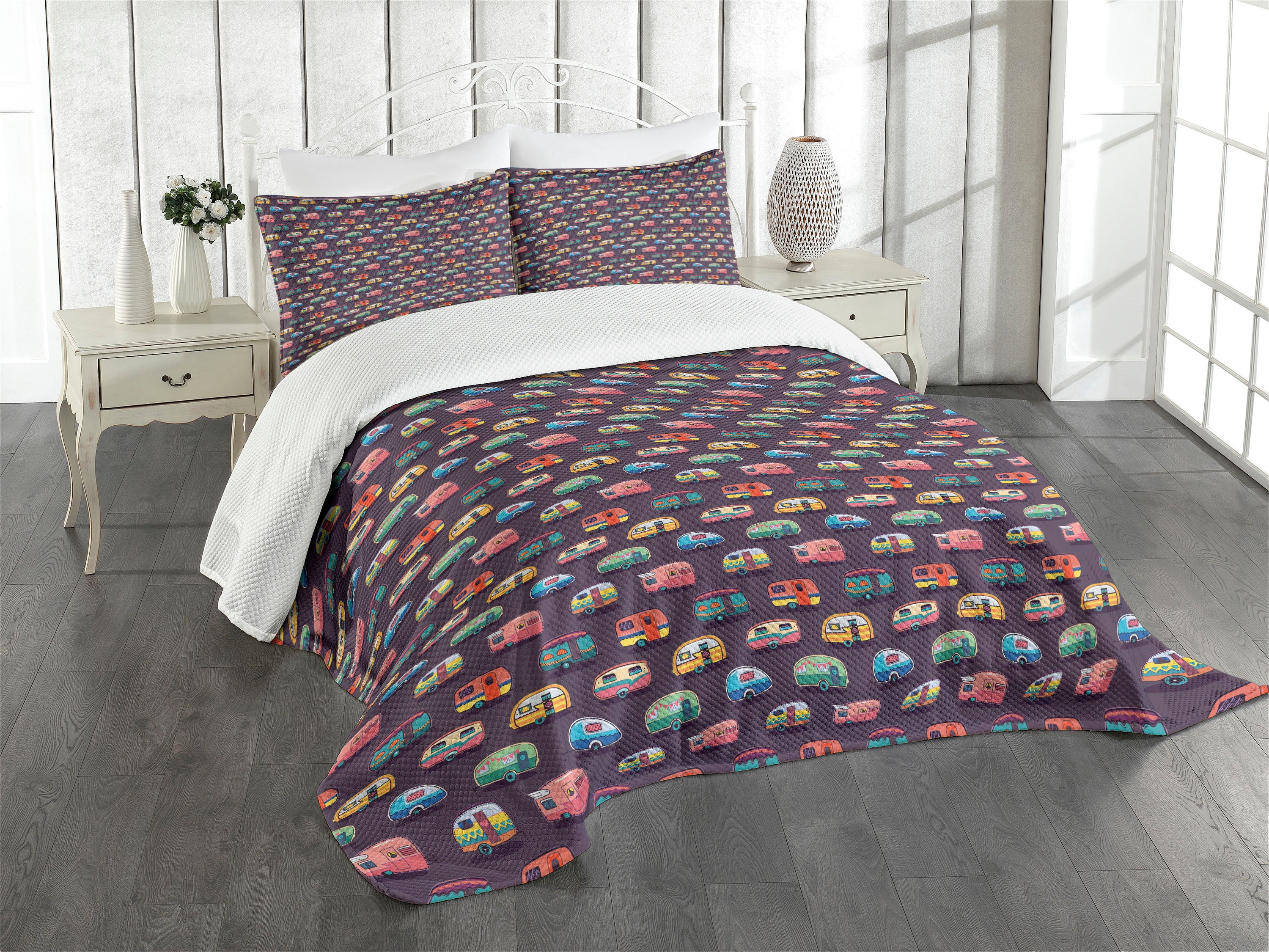 Ambesonne Ambesonne Happy Camper Bedspread Set Retro Colorful Vans Multicolor