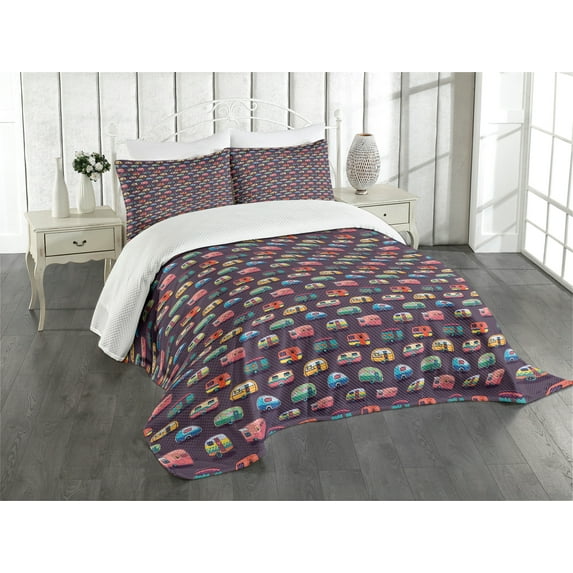 Ambesonne Happy Camper Quilted Bedspread Set 3 Pcs, Retro Colorful Vans, Queen Size, Multicolor