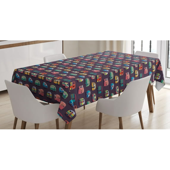 Ambesonne Happy Camper Tablecloth Rectangular Table Cover, Retro Colorful Vans, 60"x84", Multicolor
