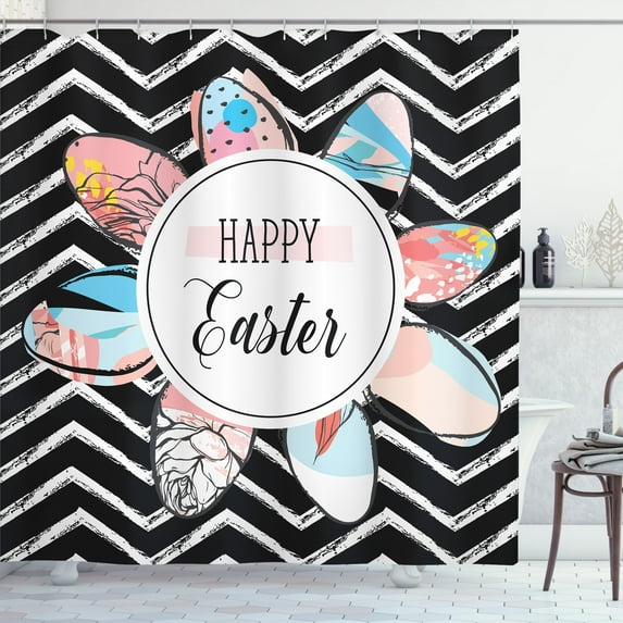 Ambesonne Happy Easter Shower Curtain, Chevron Pastel Eggs, 69"Wx70"L, Charcoal Grey Multicolor