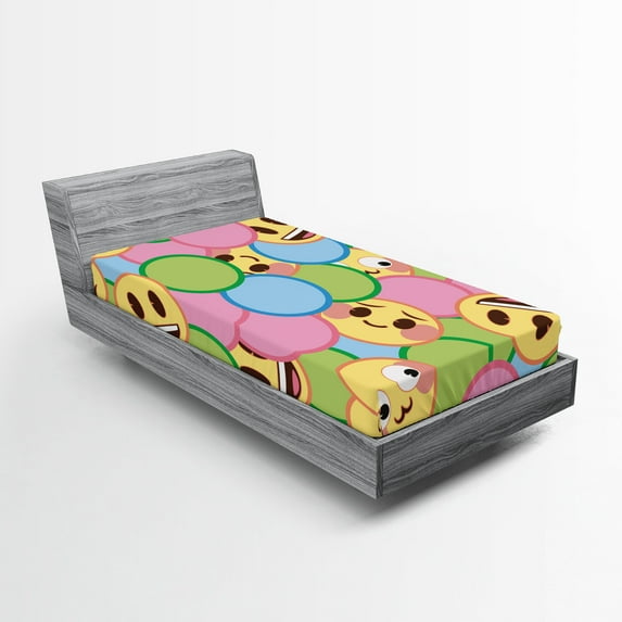 Ambesonne Happy Emoji Fitted Sheet, Colorful Circles Faces, Twin Size, Fern Green and Mustard