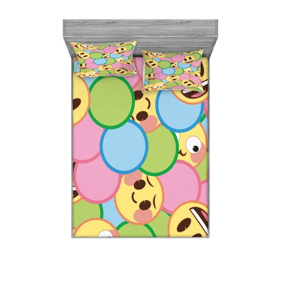 Ambesonne Happy Emoji Fitted Sheet & Pillow Sham Set, Colorful Circles Faces, King, Fern Green and Mustard