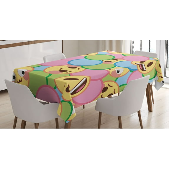 Ambesonne Happy Emoji Tablecloth Rectangular Table Cover, Colorful Circles Faces, 60"x84", Fern Green and Mustard
