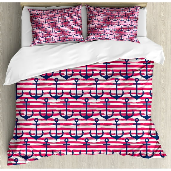 Ambesonne Harbour Stripe Duvet Cover Set, Blue Anchors, 2-Calking, Dark Blue Magenta White