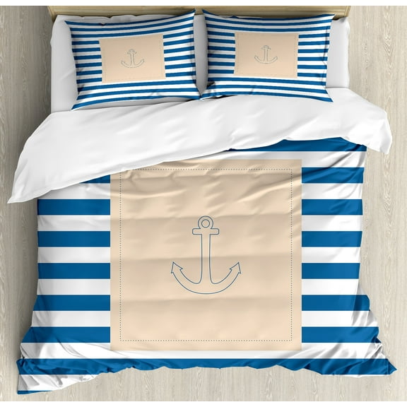 Ambesonne Harbour Stripe Duvet Cover Set, Maritime Anchor, 2-Calking, Violet Blue Peach White