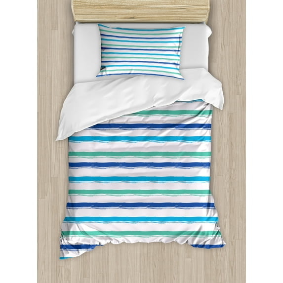 Ambesonne Harbour Stripe Duvet Cover Sets, Brushstrokes Art, 2-Twin, Royal Blue Seafoam