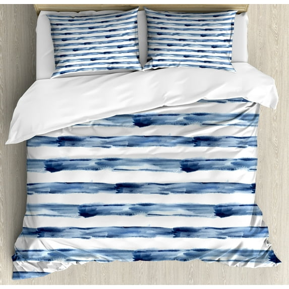 Ambesonne Harbour Stripe Duvet Cover Sets, Watercolor Brush, 2-Queen, Night Blue White