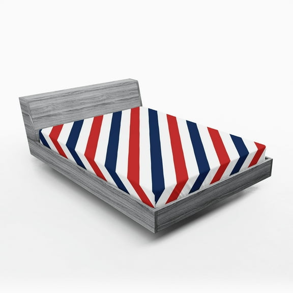 Ambesonne Harbour Stripe Fitted Sheet 2 Pcs Set, Diagonal Retro, Queen, Blue Red White