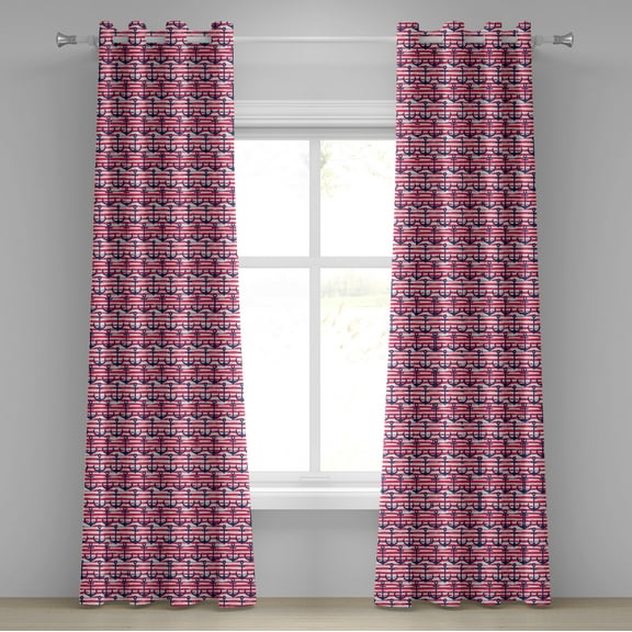Ambesonne Harbour Stripe Grommet Curtain, Blue Anchors, 50" x 72", Dark Blue Magenta White