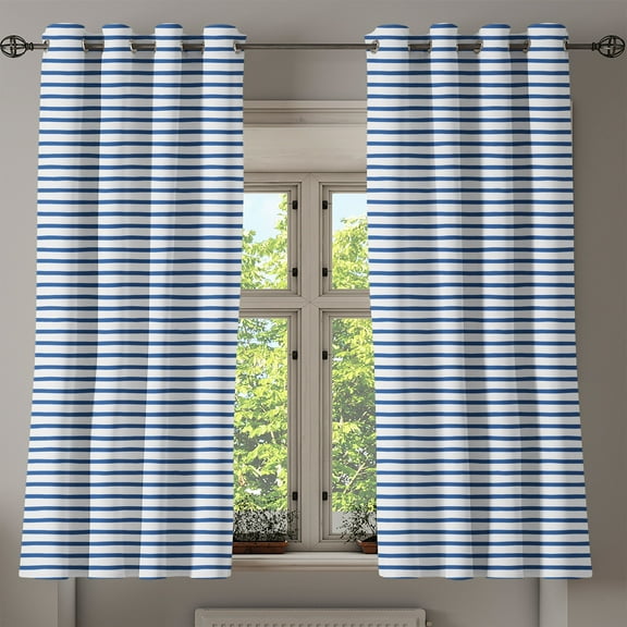 Ambesonne Harbour Stripe Grommet Curtain, Hand Drawn Sea, 50" x 63", Night Blue White