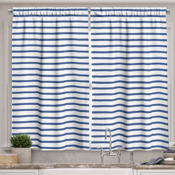 Ambesonne Harbour Stripe Kitchen Curtains, Hand Drawn Sea, 55"x45", Night Blue White