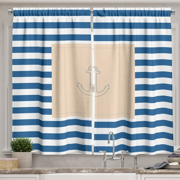 Ambesonne Harbour Stripe Kitchen Curtains, Maritime Anchor, 55"x45", Violet Blue Peach White
