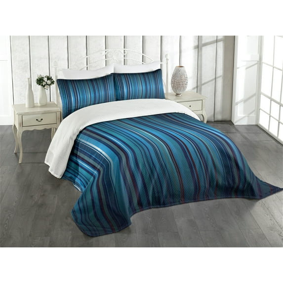 Ambesonne Harbour Stripe Quilted Bedspread Set 2 Pcs, Vibrant Blue, Twin Size, Navy Blue Teal
