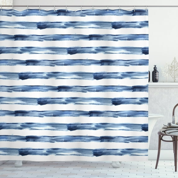 Ambesonne Harbour Stripe Shower Curtain, Watercolor Brush, 69"Wx70"L, Night Blue White