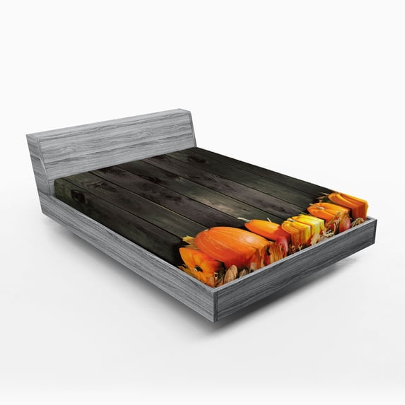 Ambesonne Harvest Fitted Sheet 2 Pcs Set, Thanksgiving Pumkins, Full, Brown Orange