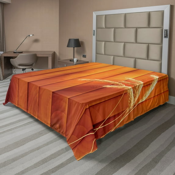 Ambesonne Harvest Flat Sheet, Wheat Spikes Wood Plank, California King, Orange Yellow