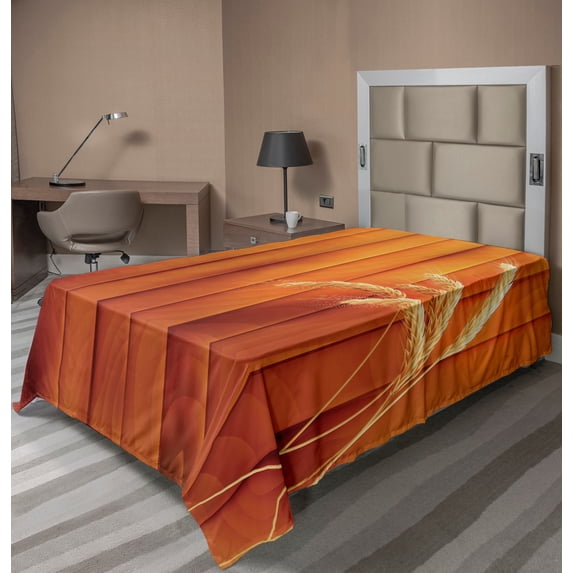 Ambesonne Harvest Flat Sheet, Wheat Spikes Wood Plank, Twin Size, Orange Yellow