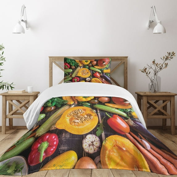 Ambesonne Harvest Quilted Bedspread Set 2 Pcs, Vegetables on Rustic Table, Twin Size, Multicolor