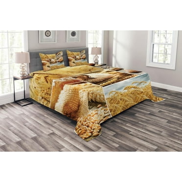 Ambesonne Harvest Quilted Bedspread Set 3 Pcs, Bread Making Wheat, Queen Size, Earth Yellow Brown