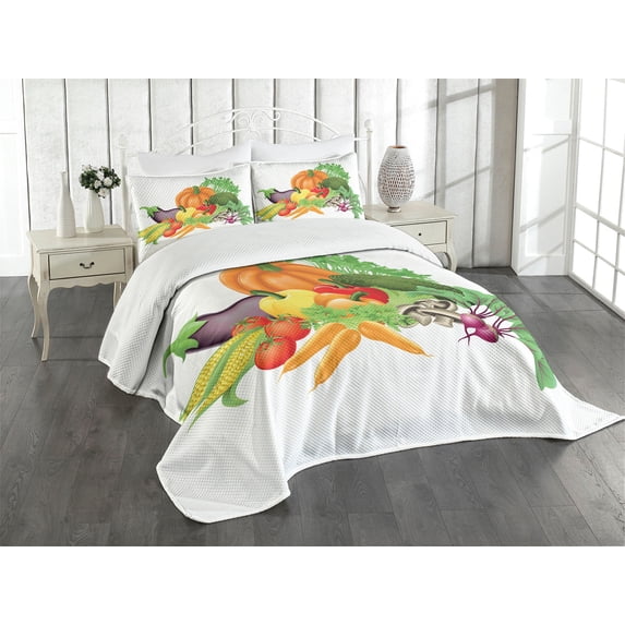 Ambesonne Harvest Quilted Bedspread Set 3 Pcs, Cartoon Harvest Yield, Queen Size, Multicolor