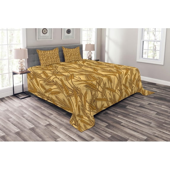 Ambesonne Harvest Quilted Bedspread Set 3 Pcs, Cereal Ears Rural Field, King Size, Mustard Yellow