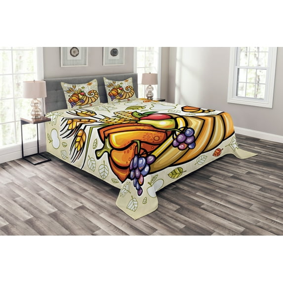Ambesonne Harvest Quilted Bedspread Set 3 Pcs, Cornucopia Theme Food, King Size, Orange Green Purple
