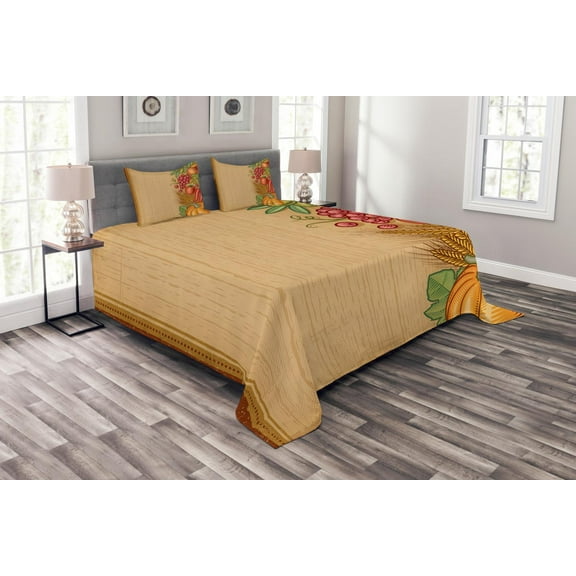 Ambesonne Harvest Quilted Bedspread Set 3 Pcs, Retro Seasonal Frame, King Size, Multicolor