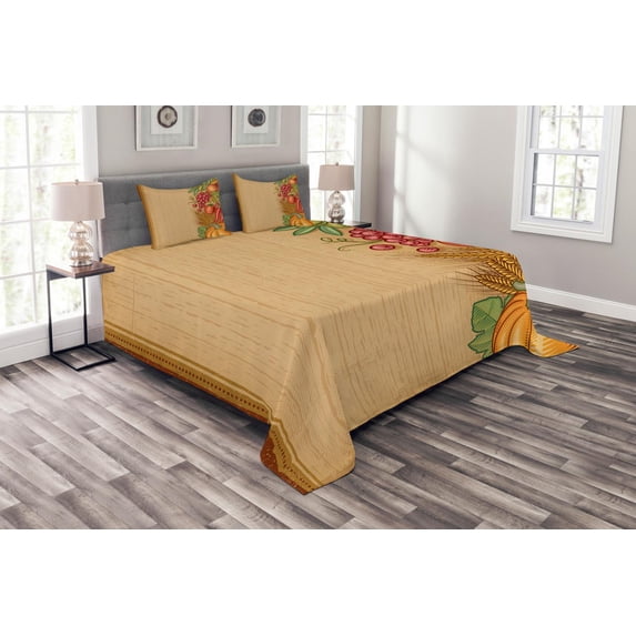 Ambesonne Harvest Quilted Bedspread Set 3 Pcs, Retro Seasonal Frame, King Size, Multicolor