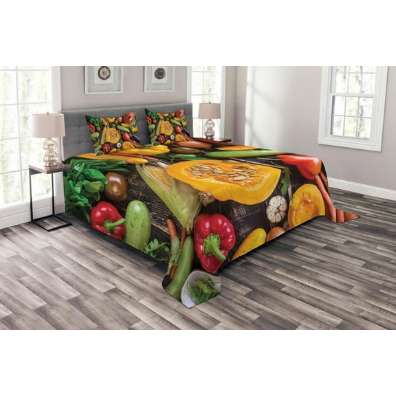 Ambesonne Harvest Quilted Bedspread Set 3 Pcs, Vegetables on Rustic Table, Queen Size, Multicolor