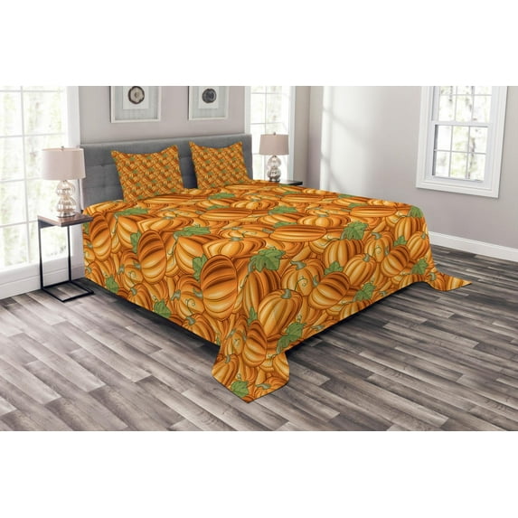 Ambesonne Harvest Quilted Bedspread Set 3 Pcs, Vibrant Colored Pumkins, King Size, Orange Green