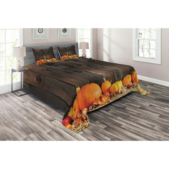 Ambesonne Harvest Quilted Coverlet 3 Pcs, Thanksgiving Pumkins, King Size, Brown Orange