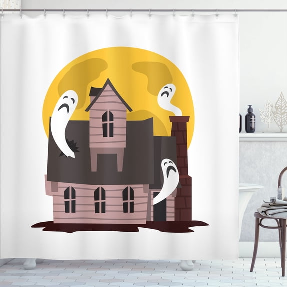 Ambesonne Haunted Mansion Shower Curtain, House with Ghosts, 69"Wx84"L, Warm Taupe and Pale Orange