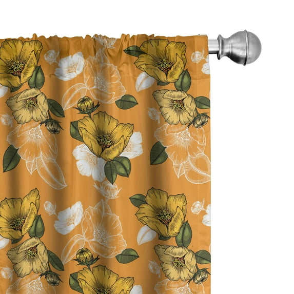 Ambesonne Hawaii 4-Panel Curtains, Orange Tones Spring Blossom, 56"x95", Marigold Army Green