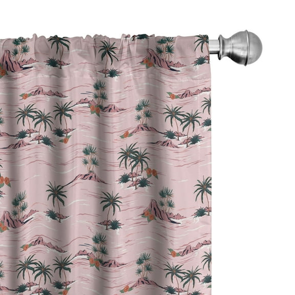 Ambesonne Hawaii Curtains, Palm Tree Rocky Beach Waves, Pair of 28"x95", Rose Dark Salmon