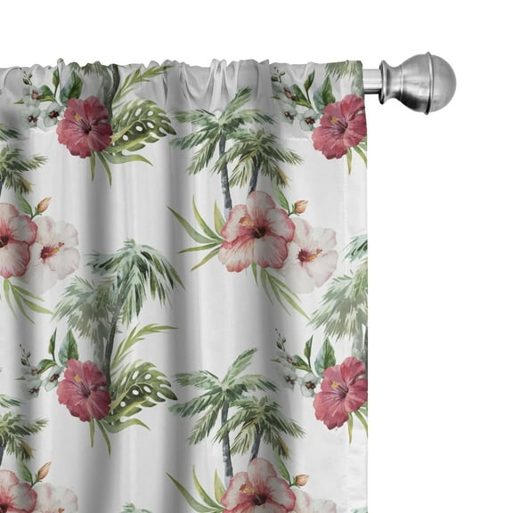 Ambesonne Hawaii Curtains, Palm Trees Hibiscus, Pair of 28"x63", Reseda Green Pale Pink