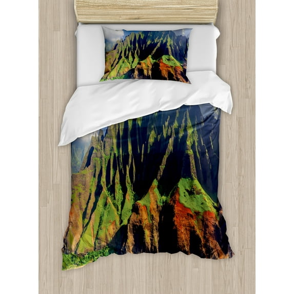 Ambesonne Hawaii Duvet Cover Sets, Mountain Ocean Clouds, 2-Twin, Green Brown