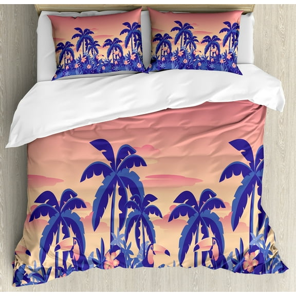 Ambesonne Hawaii Duvet Cover Sets, Palm Tree Toucan Sunset Art, 2-Queen, Coral Ceil Blue