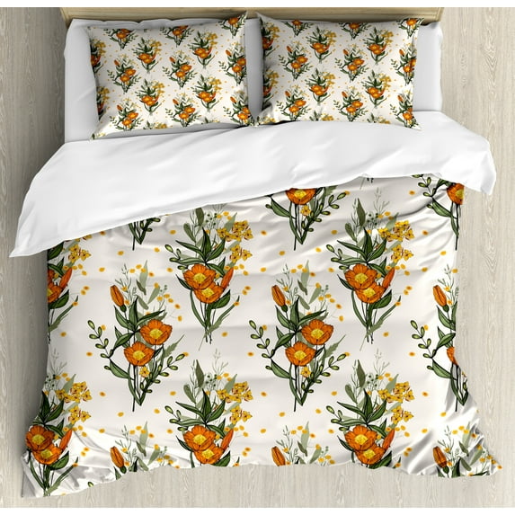 Ambesonne Hawaii Duvet Cover Sets, Vintage California Poppy, 2-King, Burnt Orange Champagne