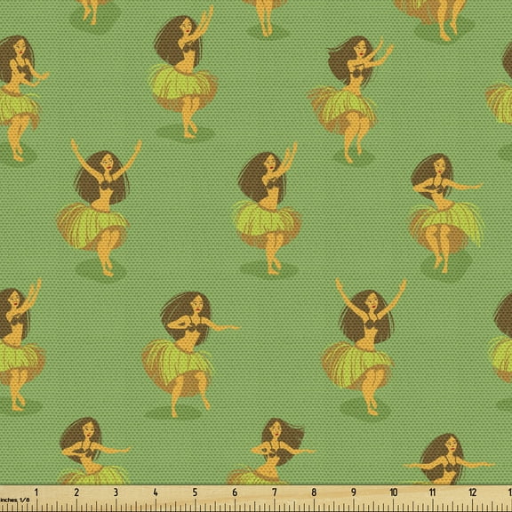 Ambesonne Hawaii Fabric by the Yard Upholstery, Traditional Dancing Ladies, 5 Yards, Chocolate Green and Orange
