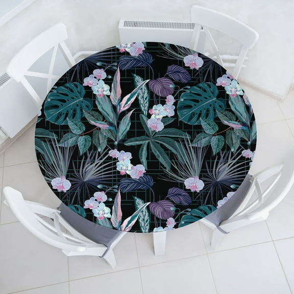 Ambesonne Hawaii Fitted Round Tablecloth, Modern Greenery Leaves Print, 40"- 44" Diameter, Teal Plum and Pale Pink